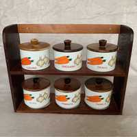 Mini armário de especiarias, potinhos em louça e madeira - Vintage