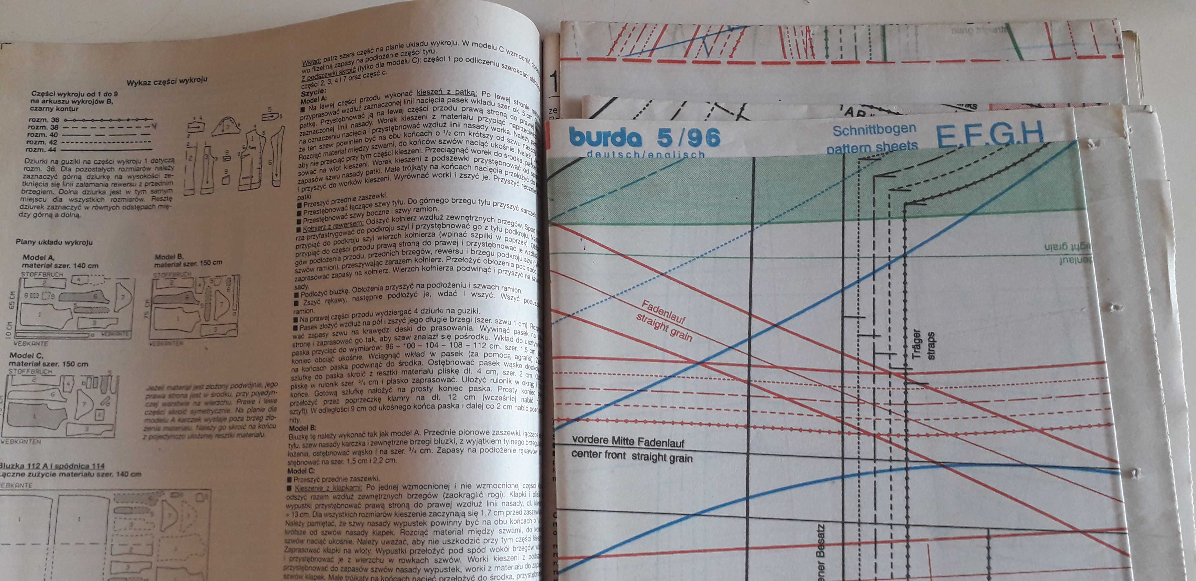 Miesięczniki modowe BURDA 1996 rok - nr 2, 3, 5, 6, 8 - z wykrojami