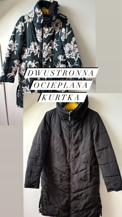 Kurtka puchowa dwustronna czarna kwiaty ciepla S