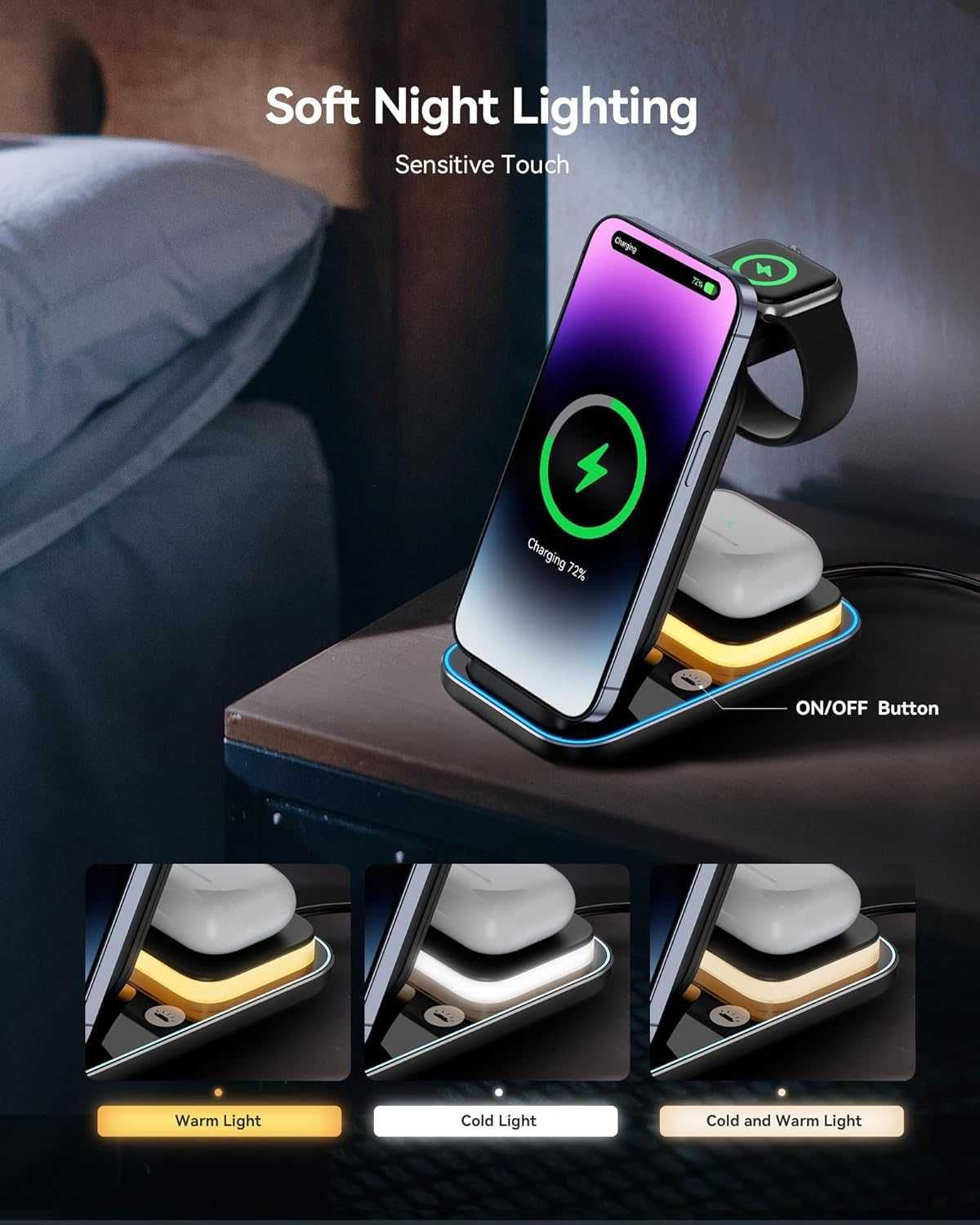 AGPTEK A8 bezprzewodowa ładowarka indukcyjna 4w1 15W lampka Airpods