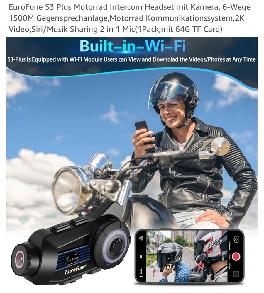 Відео реєстратор мотоциклетний інтерком EuroFone S3 Plus з камерою.