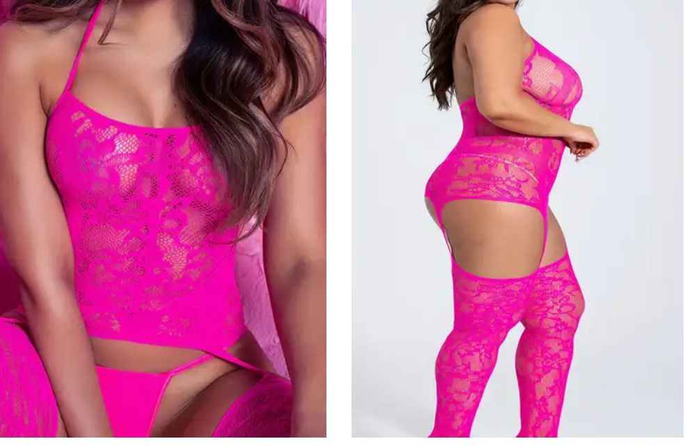 Bodystocking koronkowe body siateczka rajstopy różowe fuksja