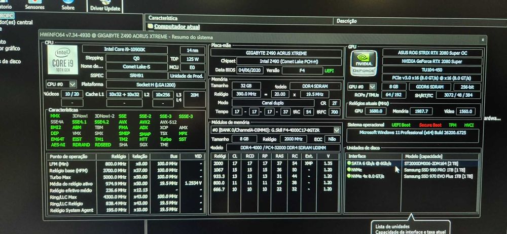 Computador i9 10900k + Aorus z490 xtreme + 32gb 4000MHz + 2080 SUPER