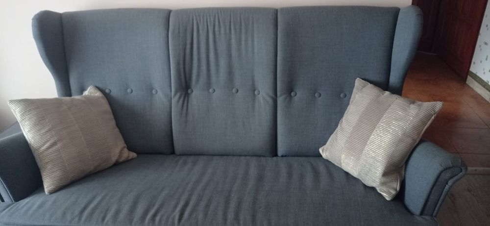 Zestaw 2 fotele IKEA Strandmon, fotel szary i czerwony, kanapa szara