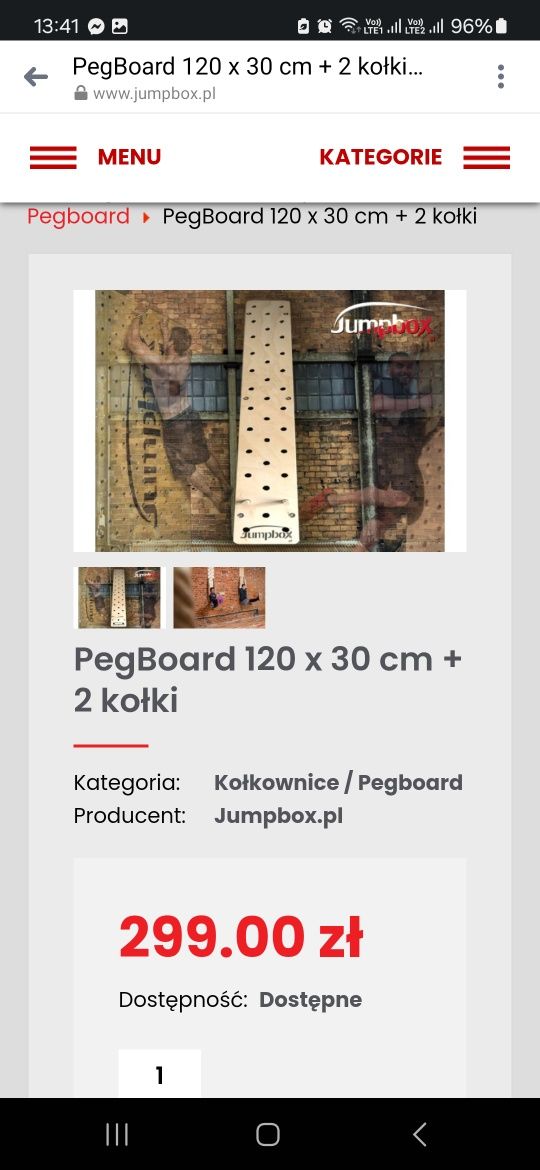 PegBoard jumpbox 120 x 30 cm + 2 kołki