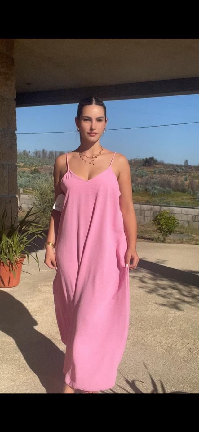 Vestido longo rosa fluido com alças finas – tamanho único