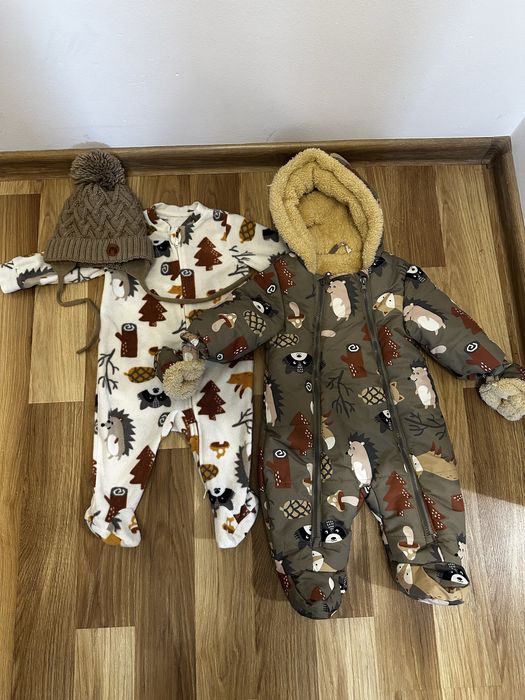 Zestaw kombinezon zimowy 74 + pajac polarowy 74 + czapka wiązana 44/46