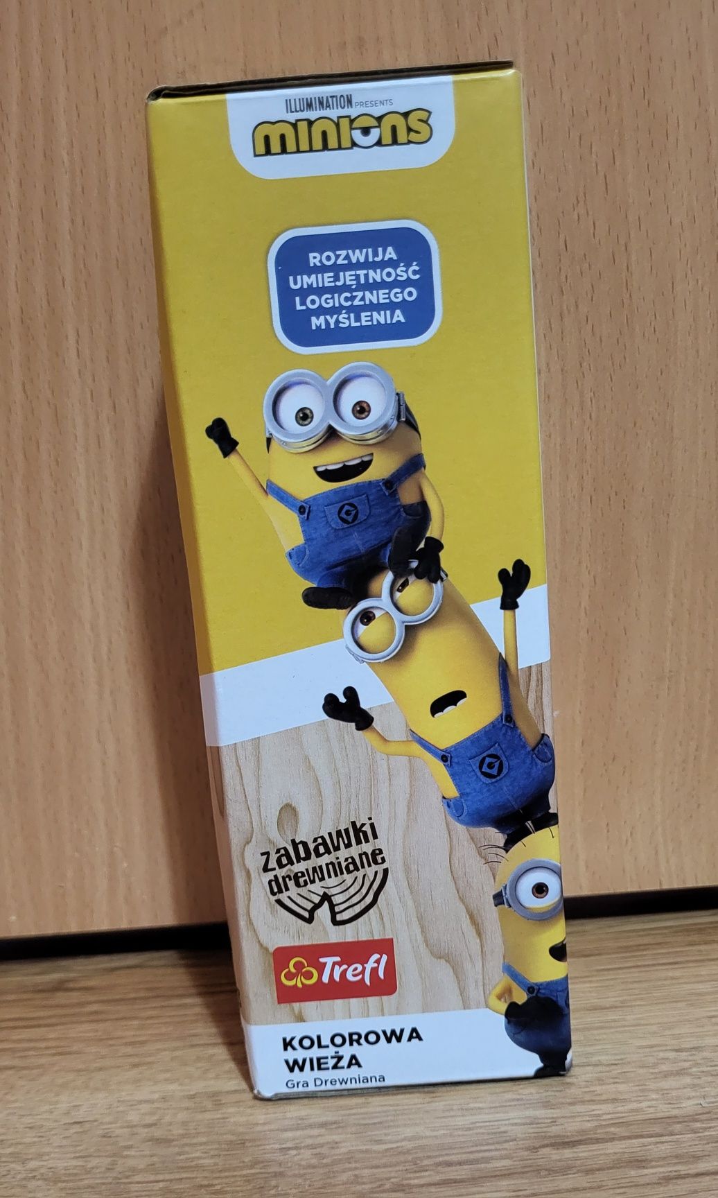 Kolorowa wieża klocki drewniane Minionki 3+