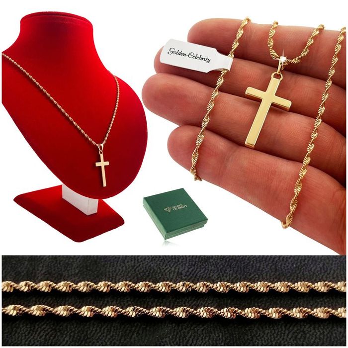 Pozłacany Naszyjnik Ze Stali Chirurgicznej Łańcuszek + Zawieszka Krzyż
