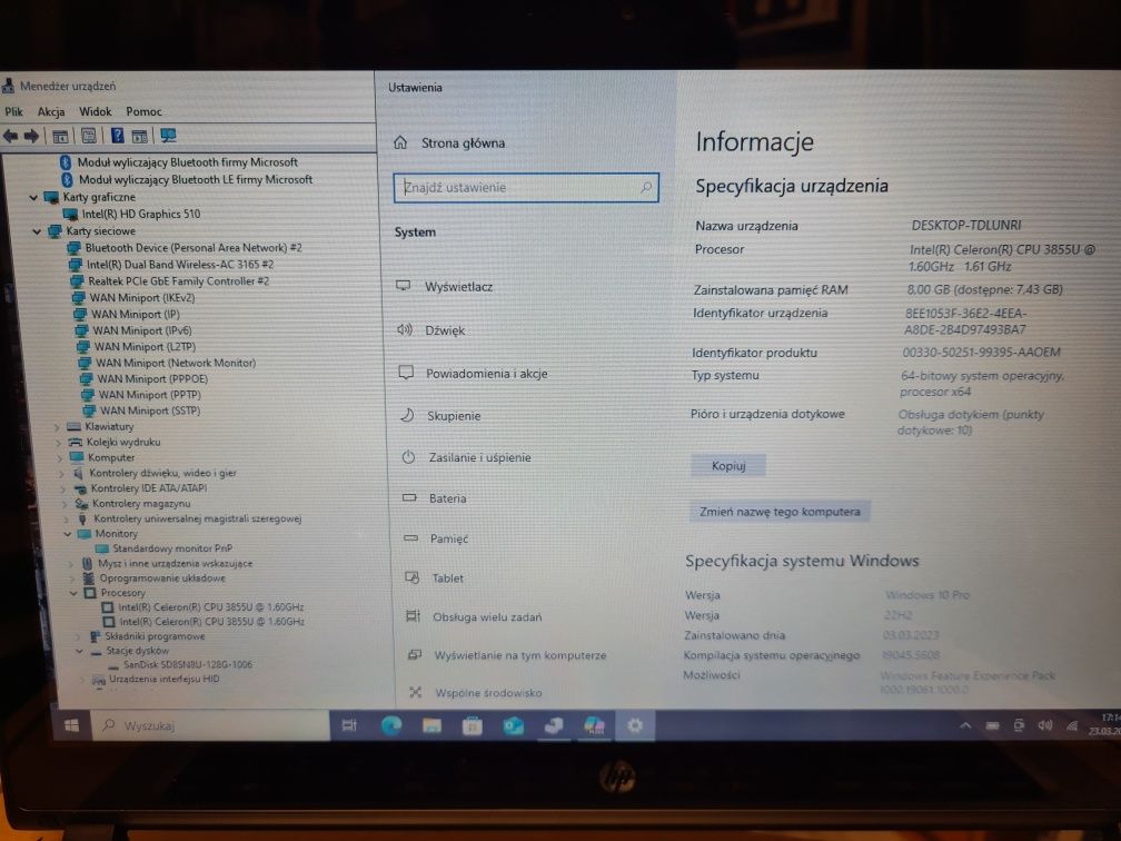 Ultrabook HP dotykowy 14 HD Intel 8gb 128/256gb m.2 SSD HDMI win10 GW