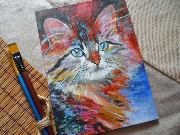 Небольшая картина "Неоновая кошка". Акрил. Холст на ДВП. 17*23,5см