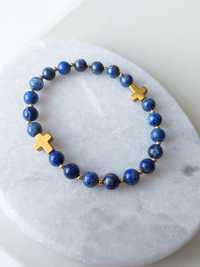 Bransoletka kamienie naturalne hematyt lapis lazuli krzyżyk
