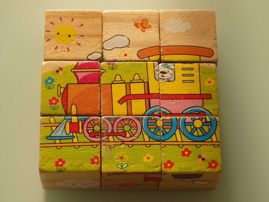 Drewniana układanka kostki a'la puzzle pojazdy 6 obrazków 9 kostek