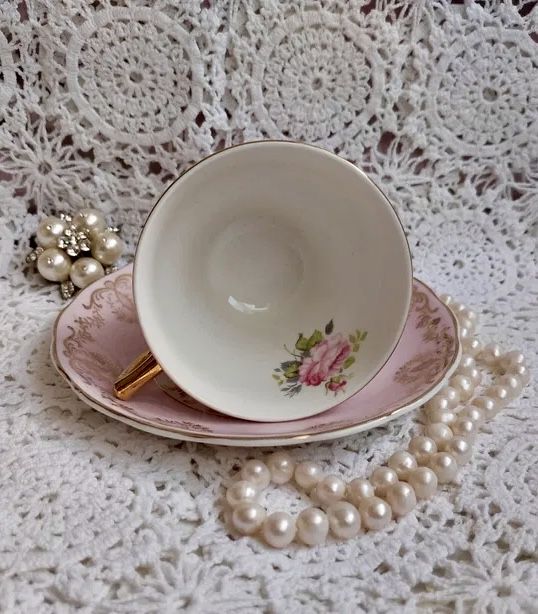 *Piękna Stara Różowa St Leonard Angielska Porcelana Filiżanka Złota