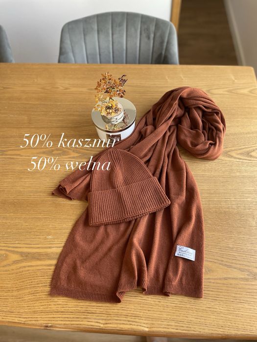 Karmel rudy komolet czapka i szal kaszmirowy kaszmir welna