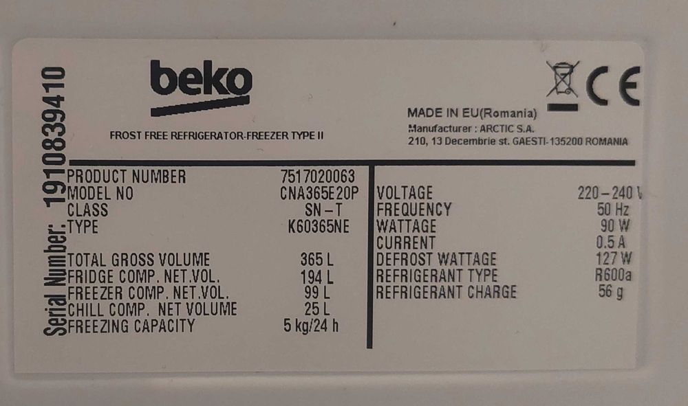 Lodówka BEKO CNA365E20P Półka na drzwi lodówki Beko