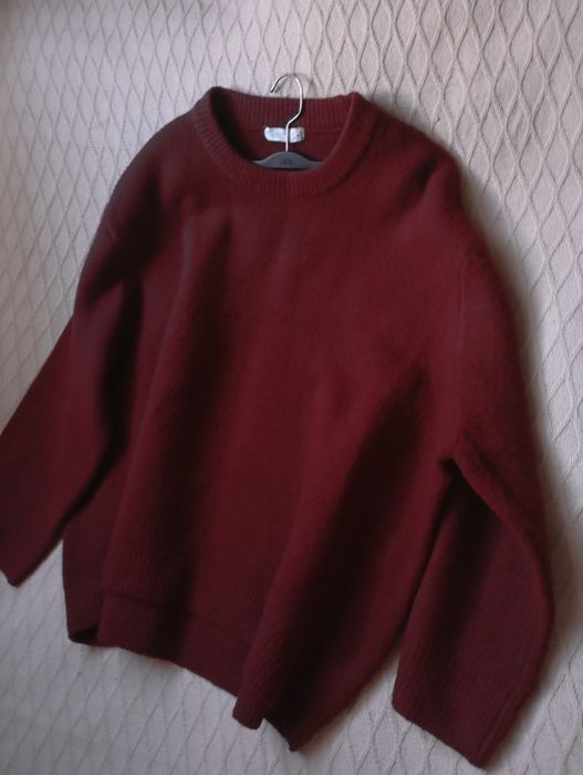 Zestaw na jesień L-XL sweter burgund oversize i dżinsy WIDE LEG taupe