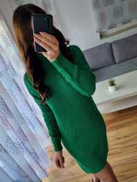 Zielony długi sweterek z golfem r. M sukienka sweterkowa