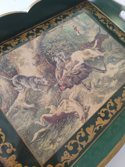 Drewniana taca z grafiką myśliwską ozdobna