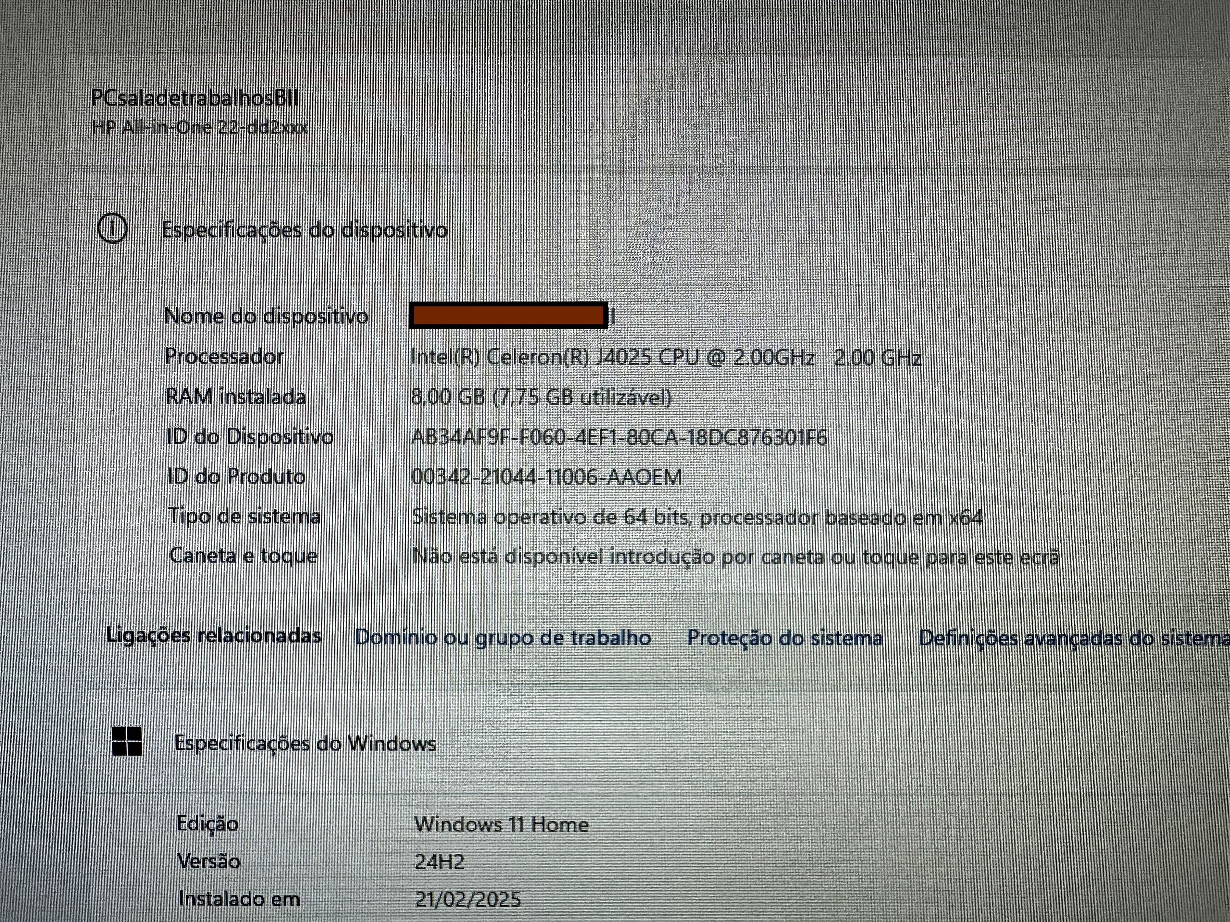 Computador All in one HP 22" 8 gb ram 256 ssd intel
