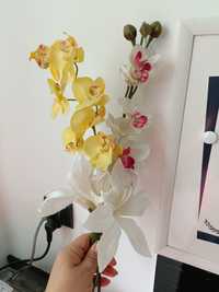3 kwiaty sztuczne orchidea biała żółta lilia długie łodygi