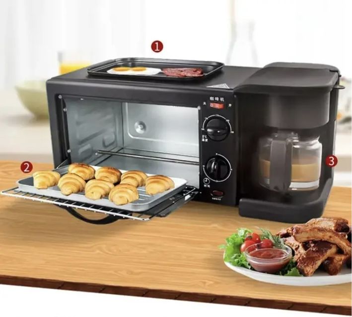 Електрична піч для випічки з кавоваркою та сковородою 3 в 1, 1000Вт