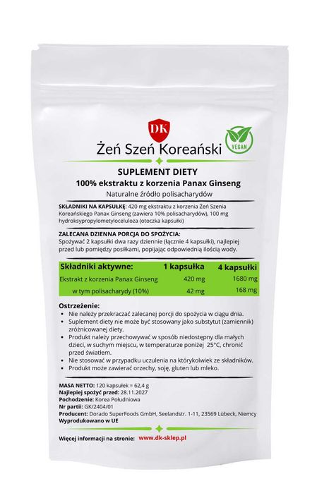 Żeń Szeń Koreański 120 kapsułek 420mg energia koncentracja