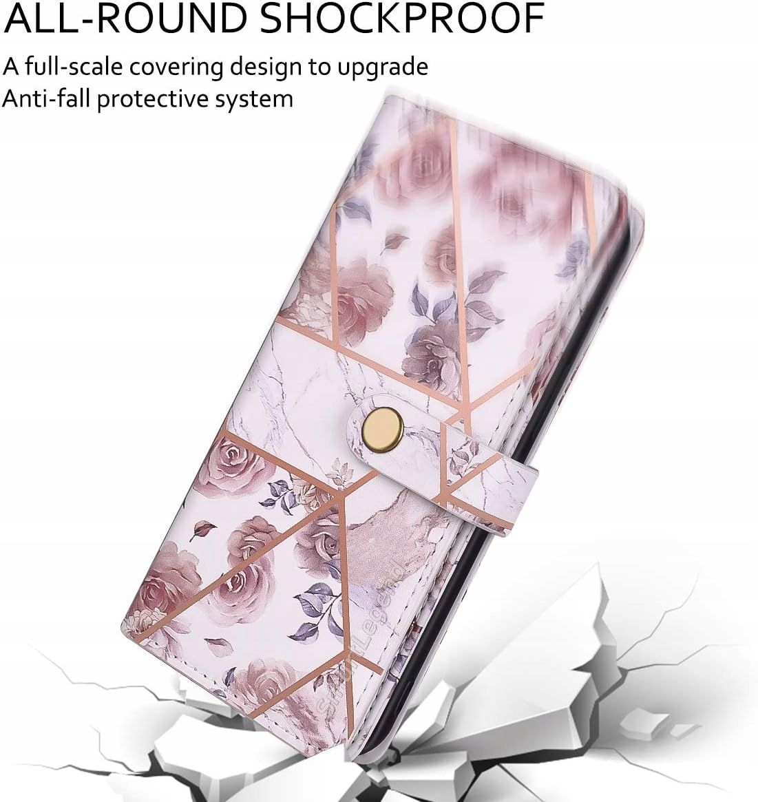 Dracool Etui Portfelowe do iPhone 12 mini Złoto-Różowy Marmur na Karty