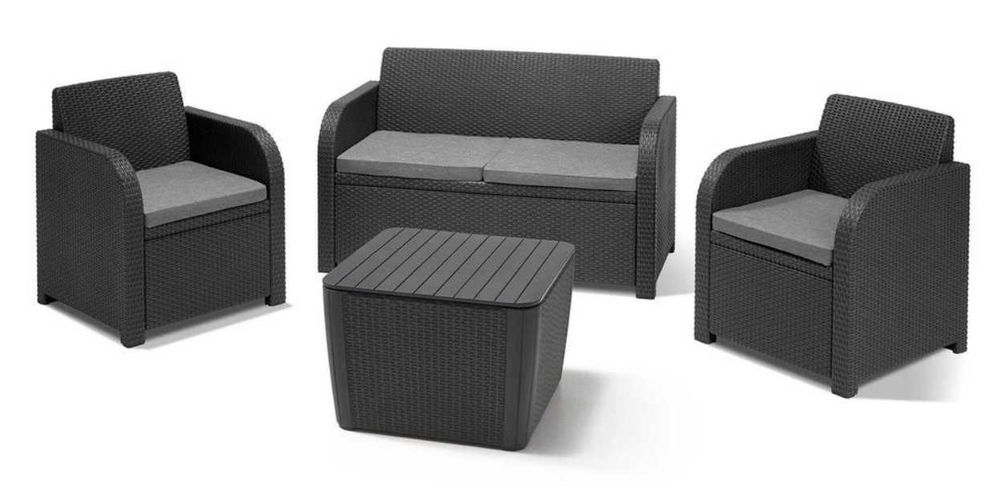 Komplet mebli ogrodowych 2 fotele + sofa + stolik ze schowkiem