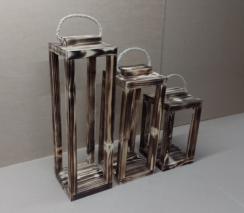 Lampiony drewniane ZESTAW 3szt baza latarnia loft rustyk świecznik