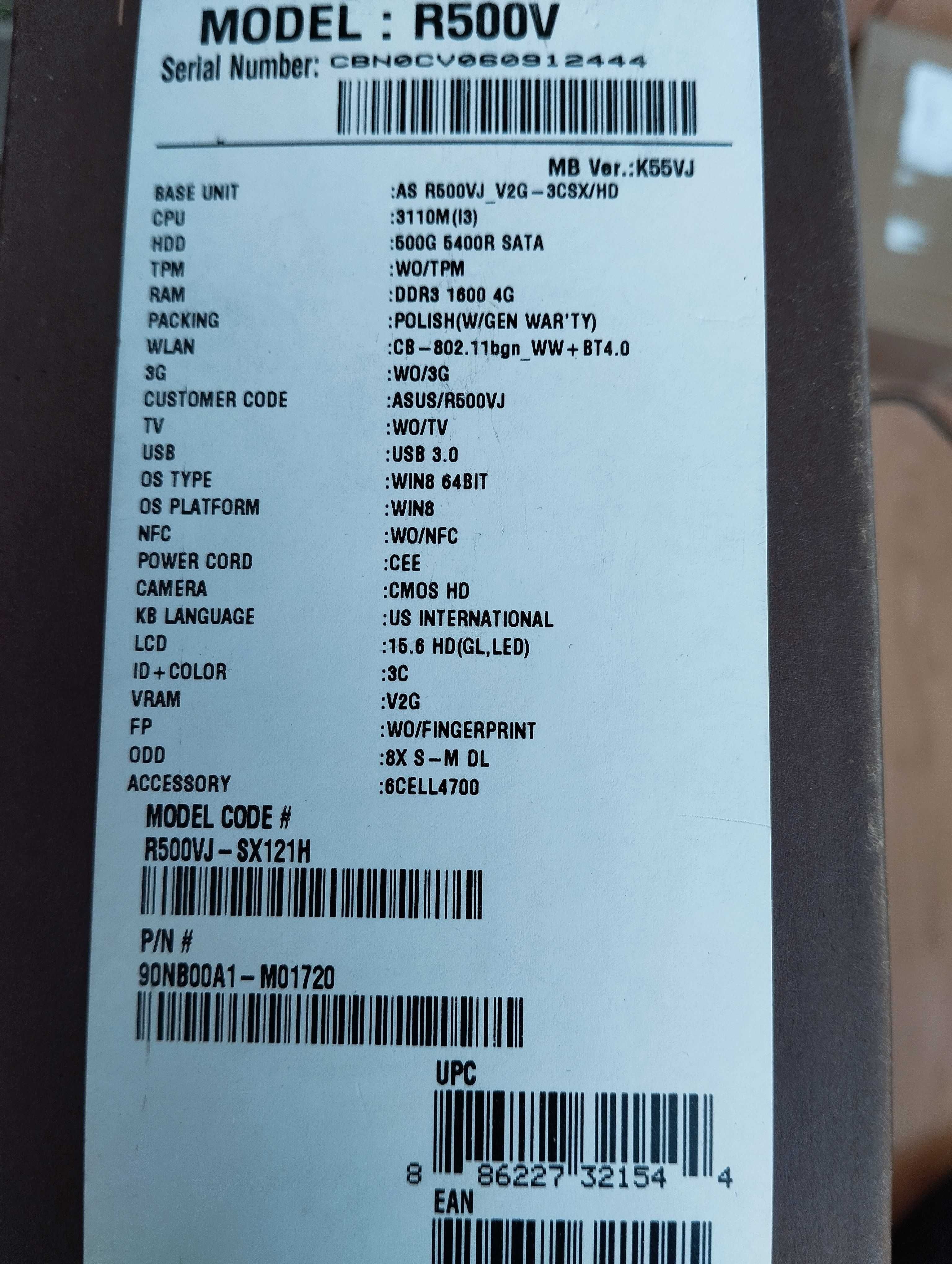 Laptop Asus R500V K55VJ 4gb 512 gb HDD 2 karty graficzne nowy 15,6 cal