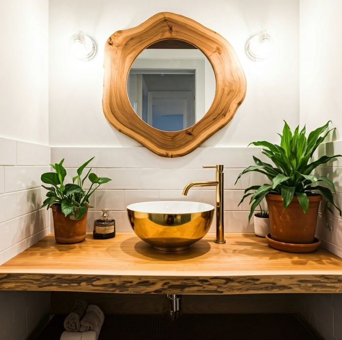 Półka drewniana blat łazienkowy pod umywalkę z naturalną krawędzią dąb