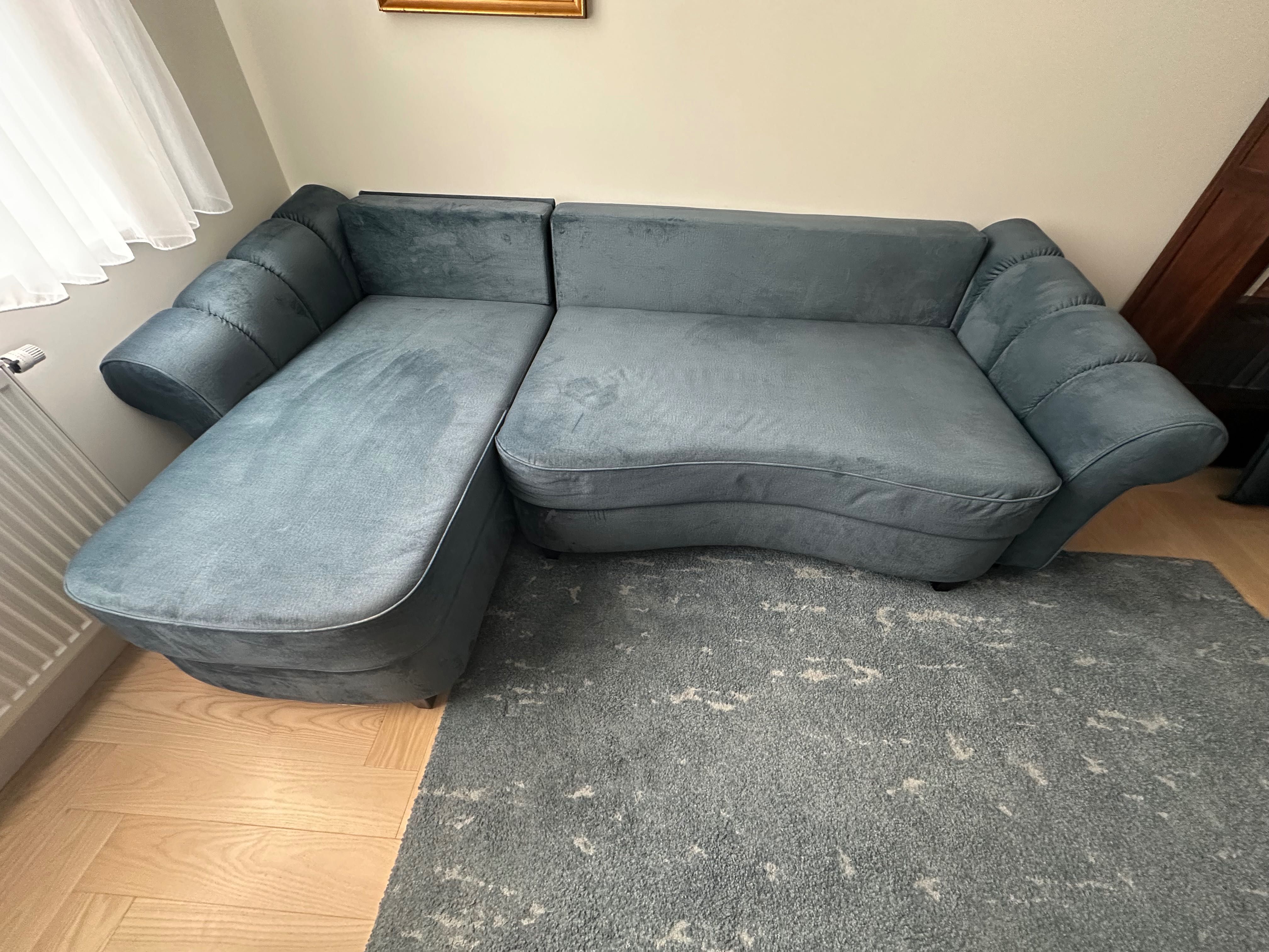 Sofa narożna, z możliwością spania, welurowa zielono-granatowa