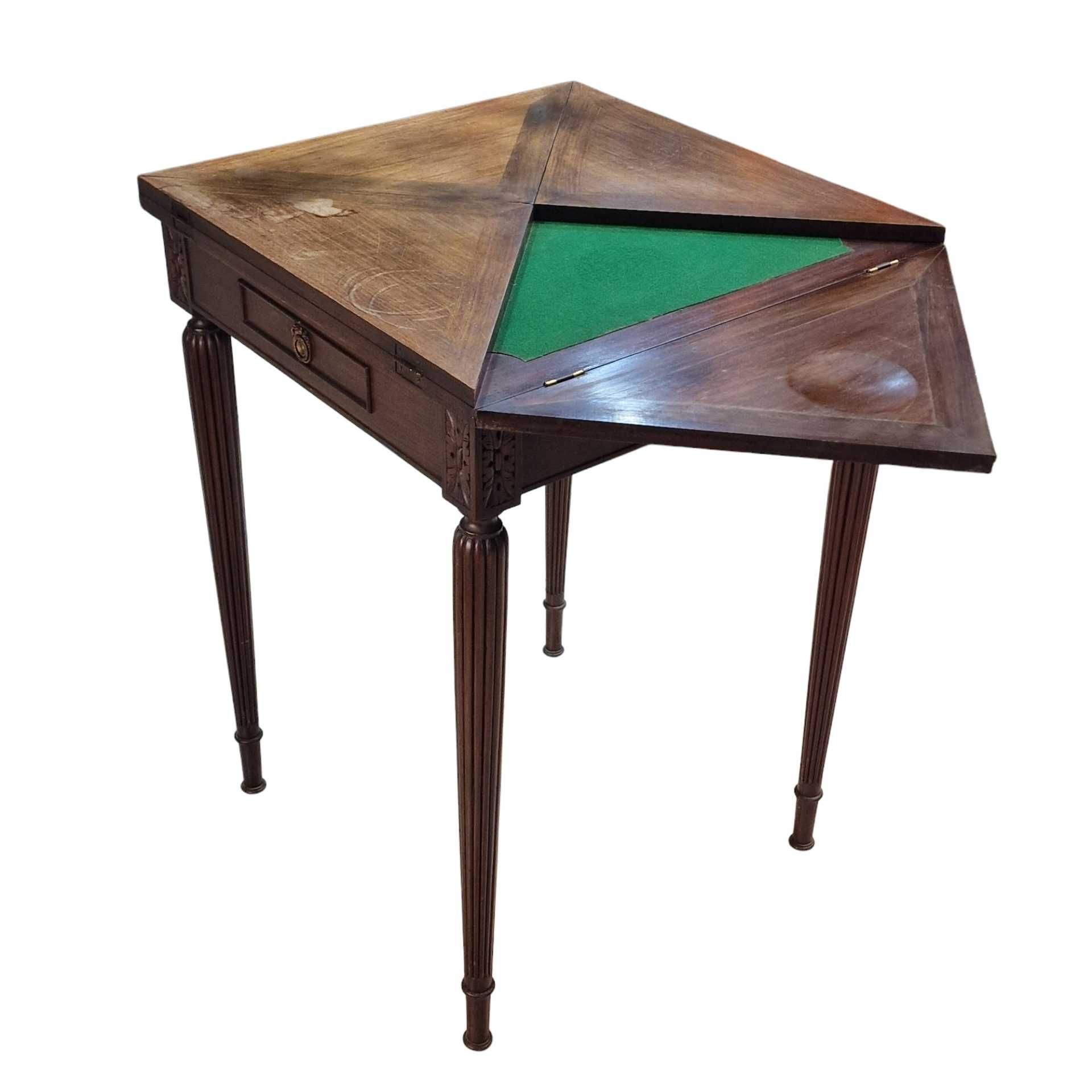 Mesa de jogo antiga – estilo envelope tampo articulado e feltro verde
