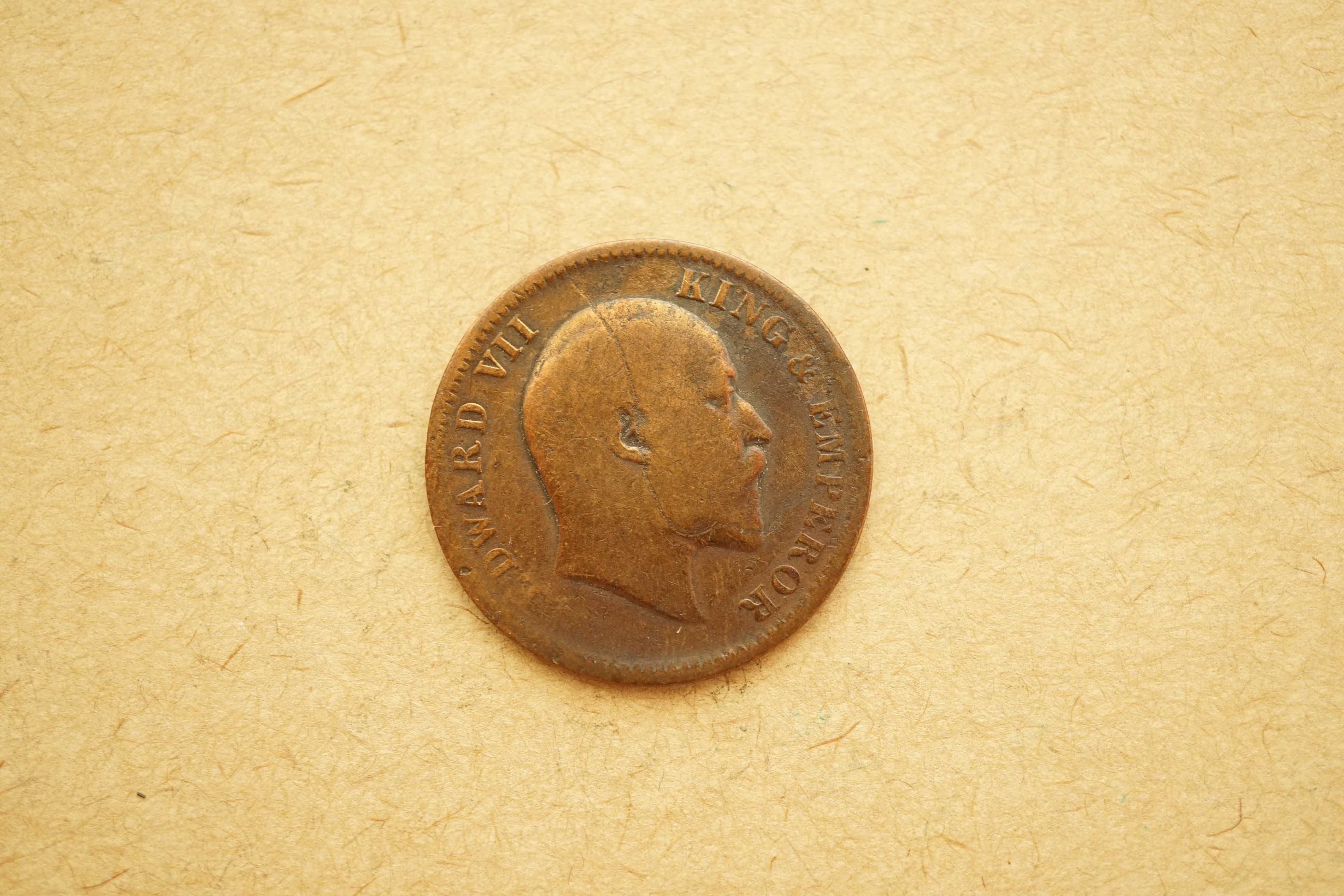 Moeda de 1 Quarto Anna da Índia britânica, 1907, já com 118 anos