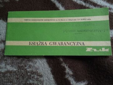 Książeczka gwarancyjna samochodu Żuk. 1987r.