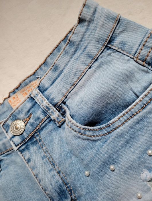 Bawełniane spodenki szorty jeansowe zdobienia perełki przetarcia s/m