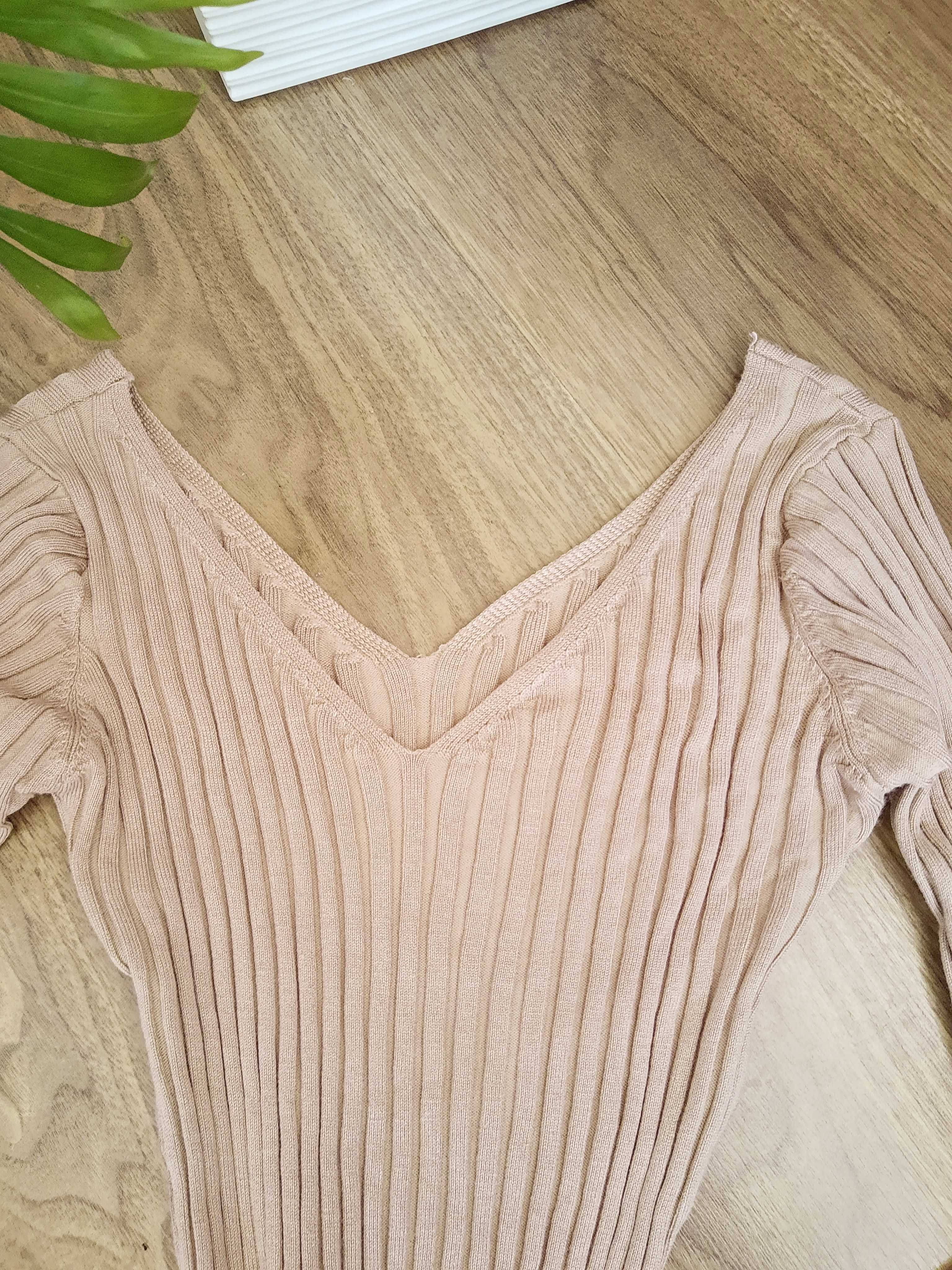 Beżowa dopasowana długa midi sukienka XS-S bodycon prążkowana nude