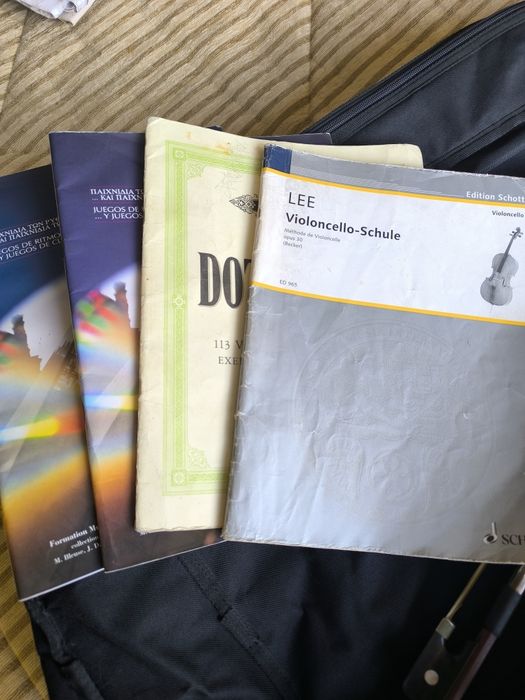 Capa para violoncelo, arco e livros diversos