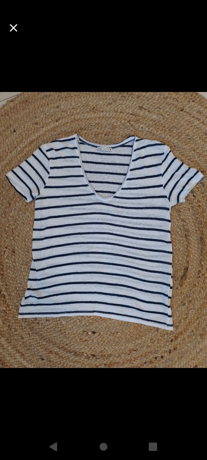 Lniany t-shirt w paski z dekoltem V 100% len Zara S
