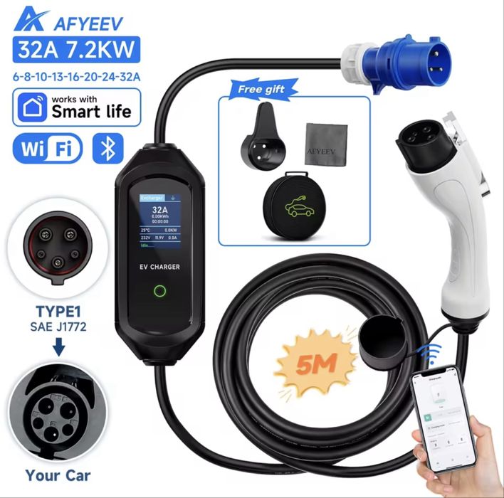 Зарядка EV CHARGER 7кВт 32А, Type2, WI-FI, 5 метрів