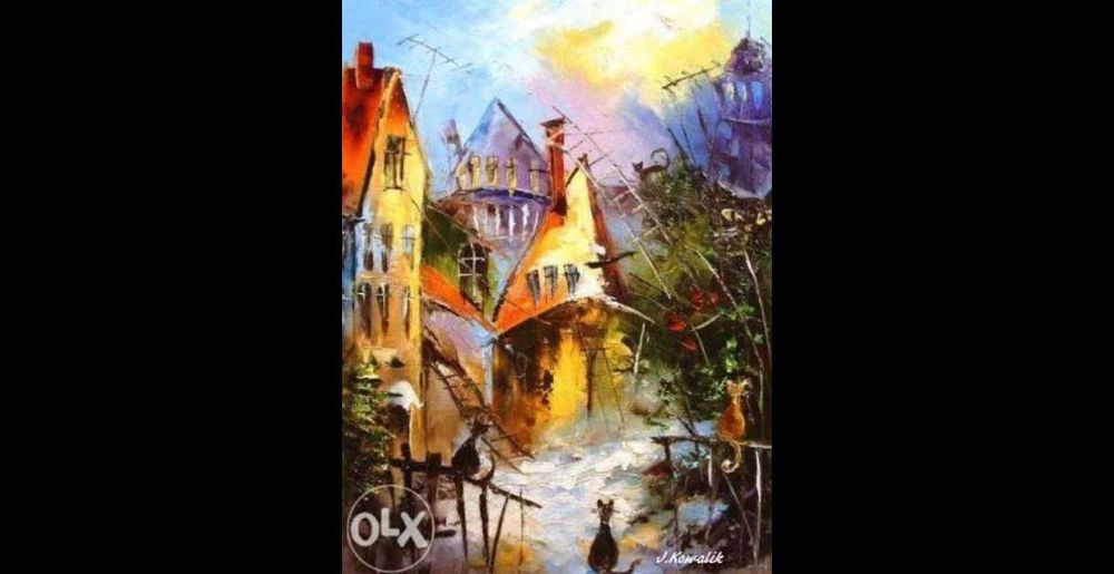 Kowalik - Kocie miasteczko V - 40x50cm Koty Obraz Olejny Abstrakcja