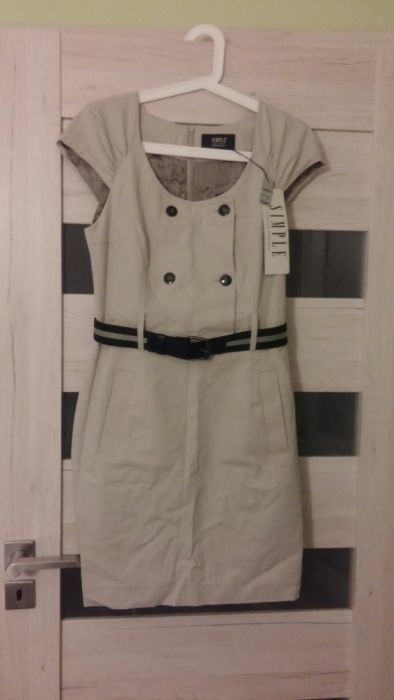 Sukienka SIMPLE rozmiar 40 ecru z paskiem kieszeniami NOWA 50% taniej