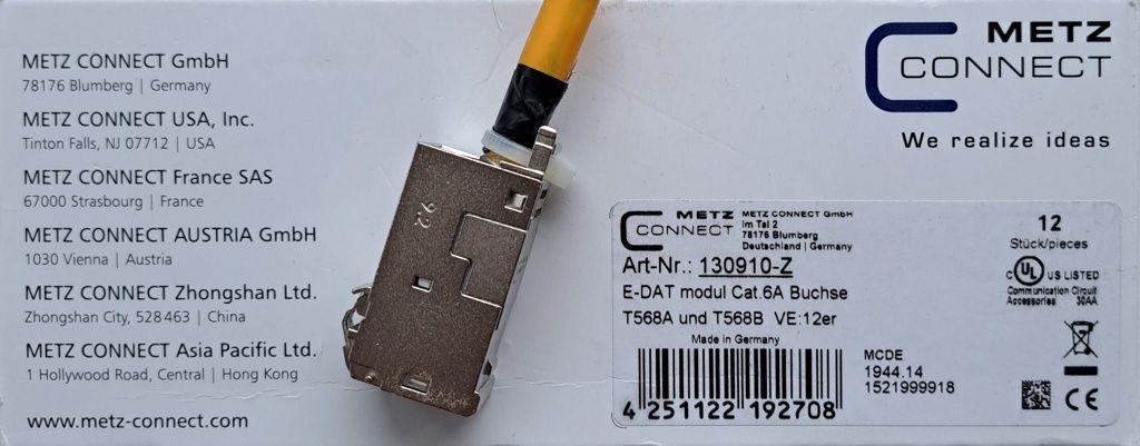 Gniazdo modułu E-DAT Cat.6A - Gniazdo RJ45 8(8). Metz Connect 130910-Z