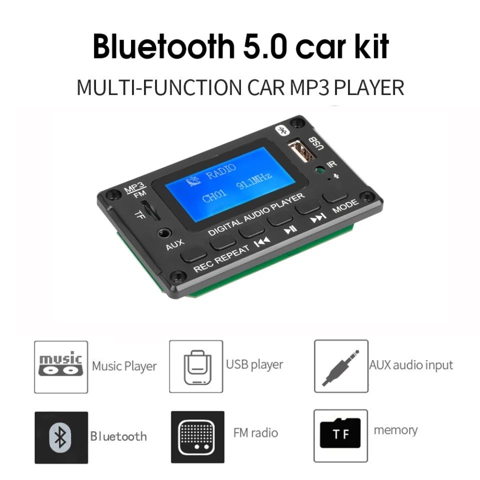 MP3 плеер Bluetooth5.0 аудио модуль. FM радио AUX USB. Пульт, DC 5-14V