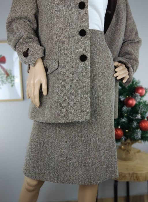 Wełniany garnitur spódnica w jodełkę wełniana do kolan spódniczka zima