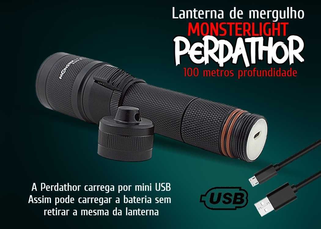 Kit lanterna mergulho MonsterLight Predathor com bateria recarregável