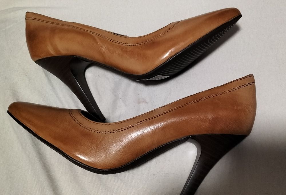 Karmelowe, skórzane czółenka na szpilce,rozm.36