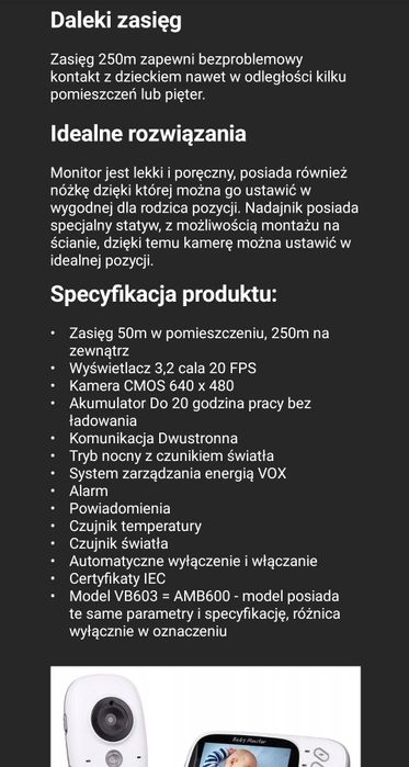 Niania elektroniczna VB603 stan idealny .