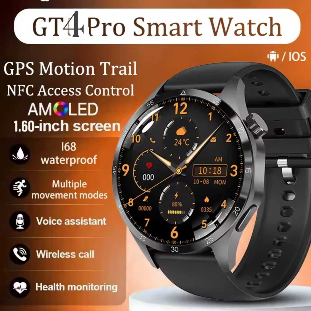 Смарт часы: GT4 PRO+ NFC. GPS. Compass. Деловой стиль.